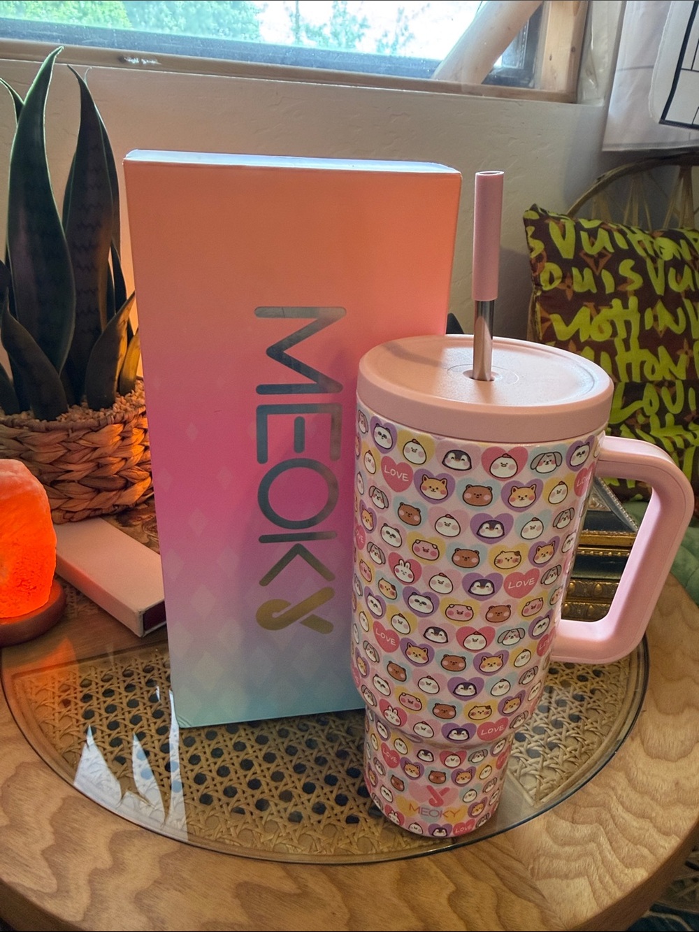 Pink Animal Emoji Travel Tumbler with Lid and Straw
